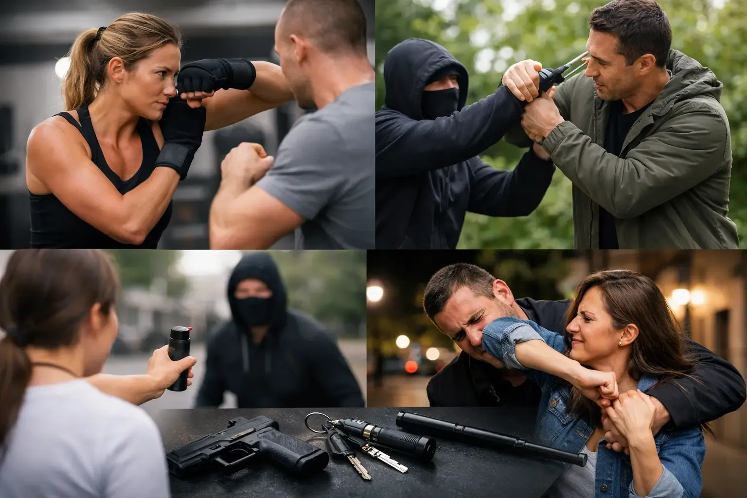 Adults practicing practical self-defense skills in a martial arts class