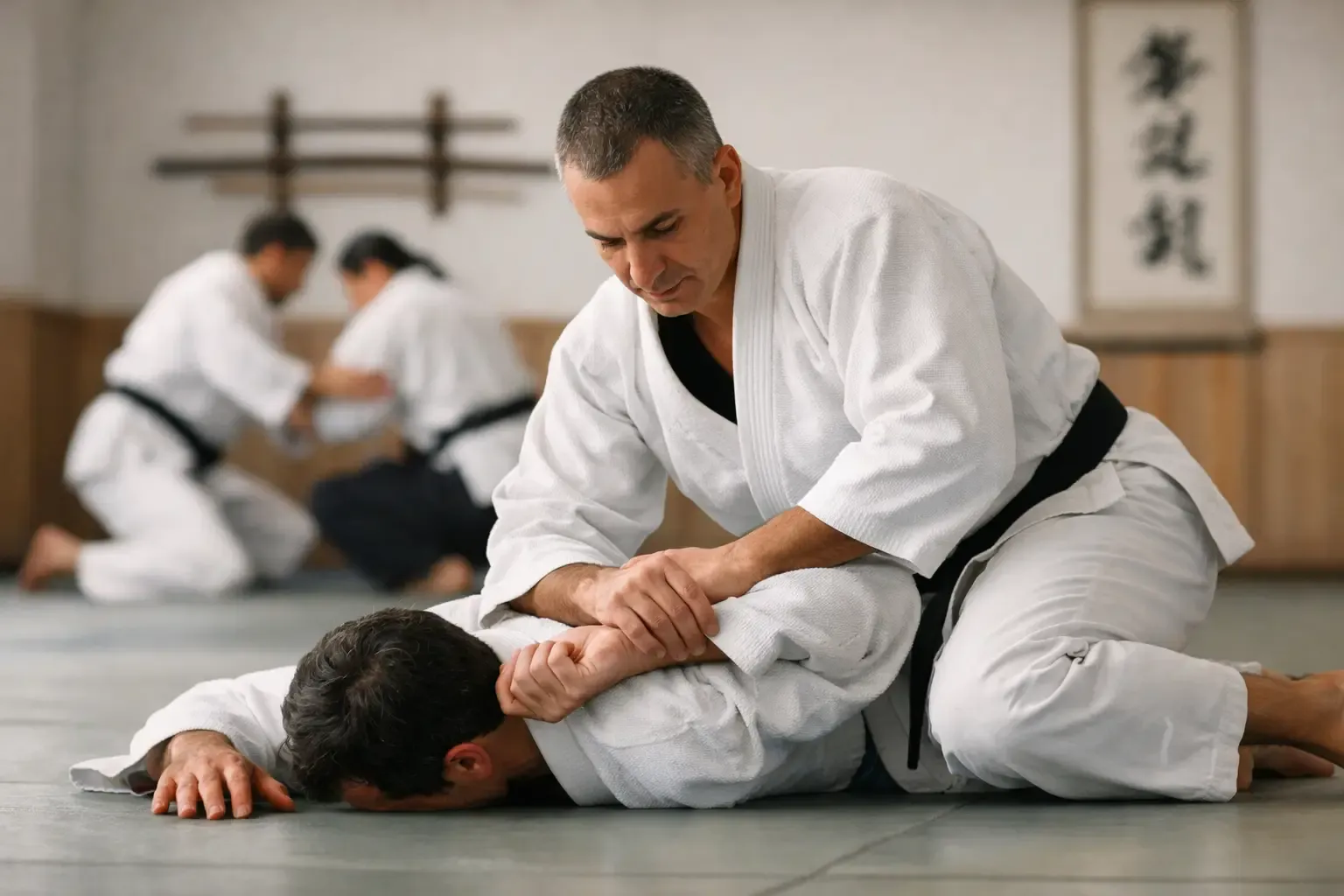Students practicing Japanese Jiu-Jitsu fundamentals in a dojo