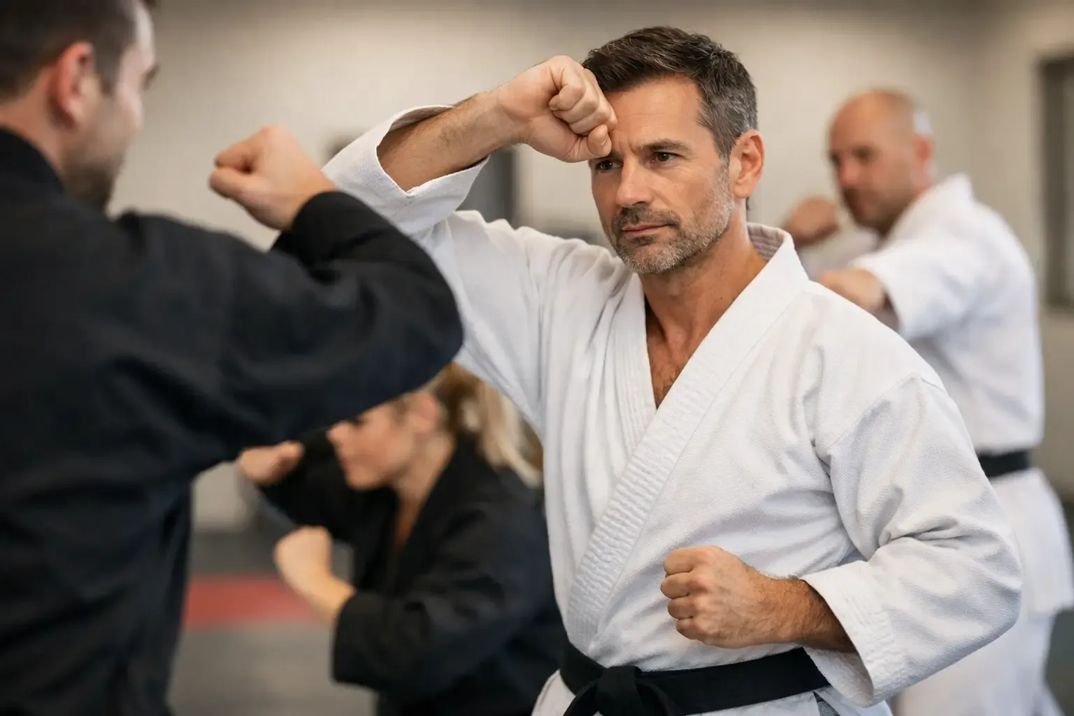 Adult students practicing martial arts for real-life self-defense
