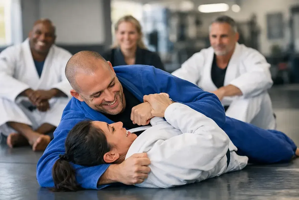 Adults practicing Jiu-Jitsu in a structured martial arts class