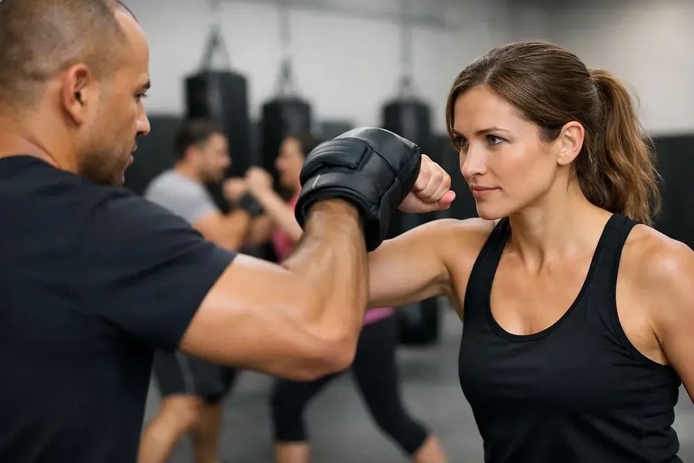 Adult woman practicing self-defense with a training partner