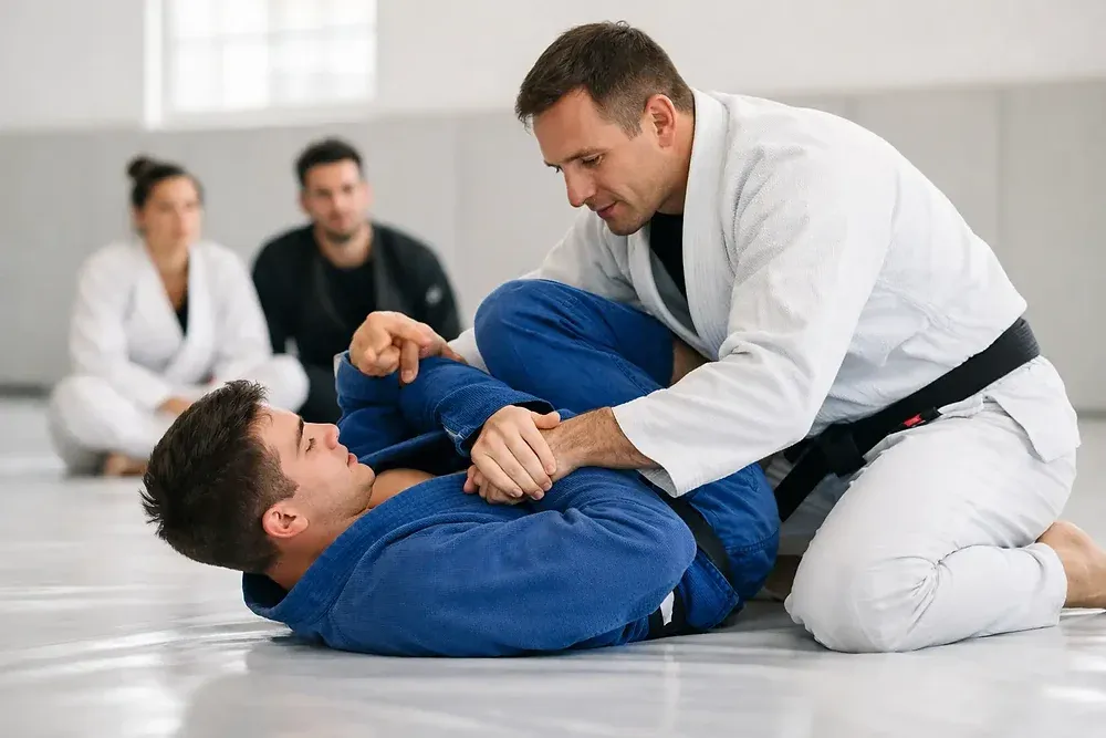 Adult beginners practicing Jiu-Jitsu in a martial arts class