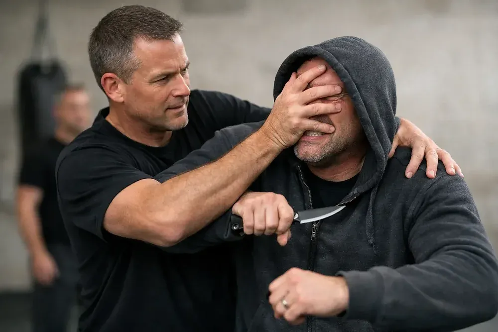 Martial arts students practicing real-world self-defense skills