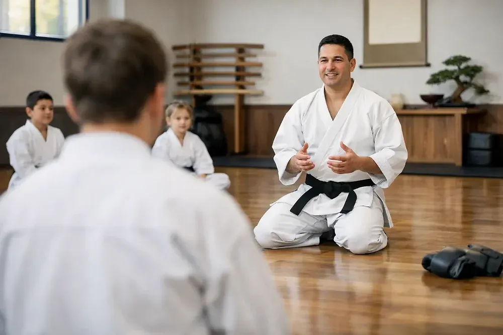Beginner martial arts students practicing in a disciplined dojo