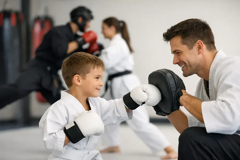 Beginners learning safe martial arts practice with an instructor