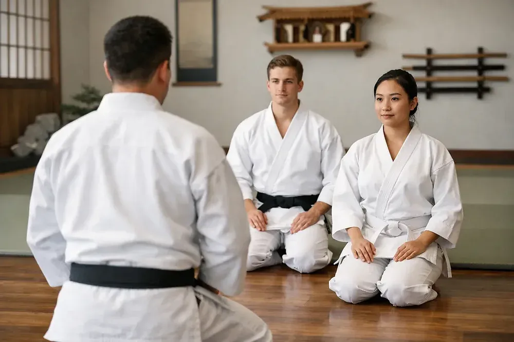 Beginner martial arts students practicing dojo etiquette and respect