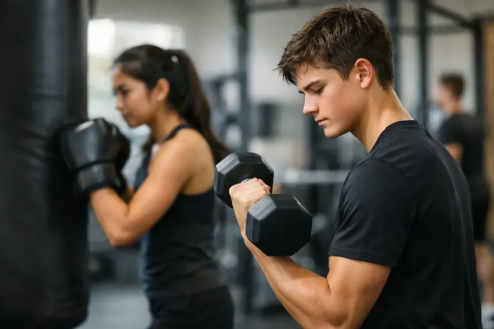 Teen martial artists practicing focused training in a dojo