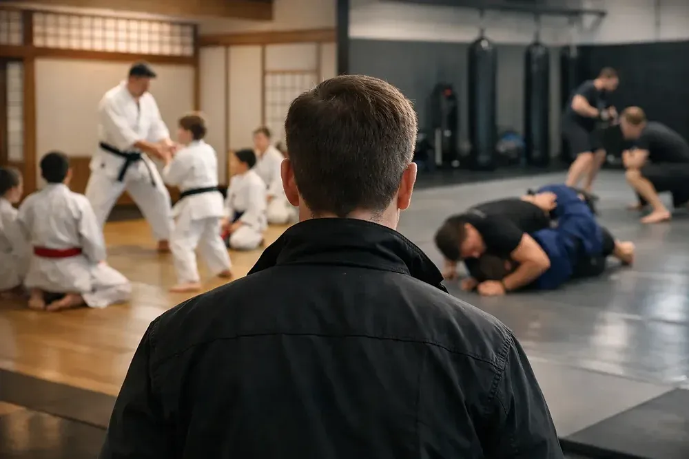 Martial arts students training together in a focused dojo