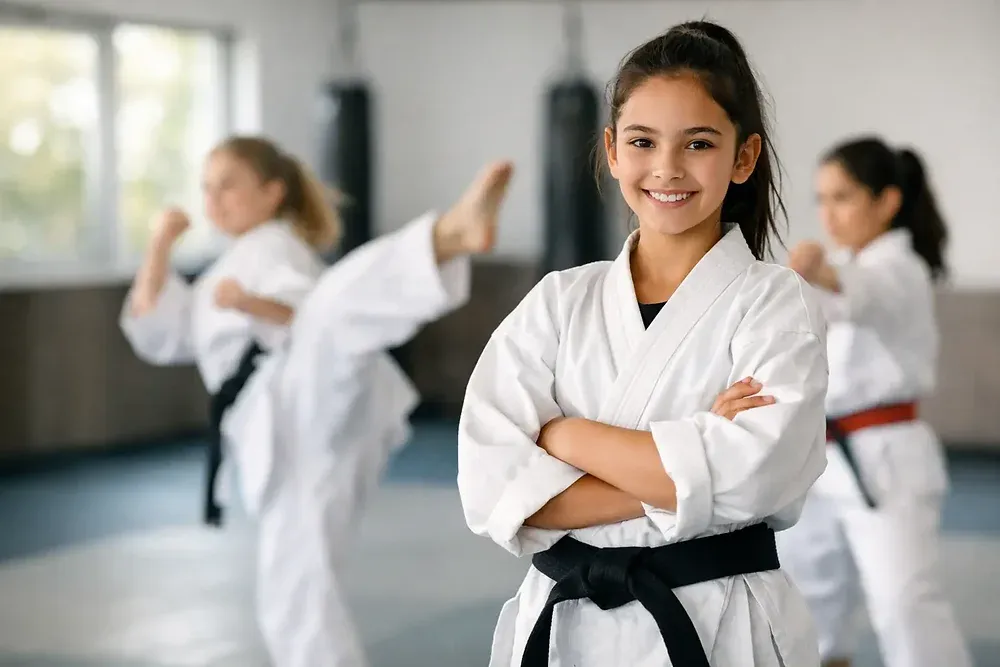 Girls training together in a supportive martial arts class