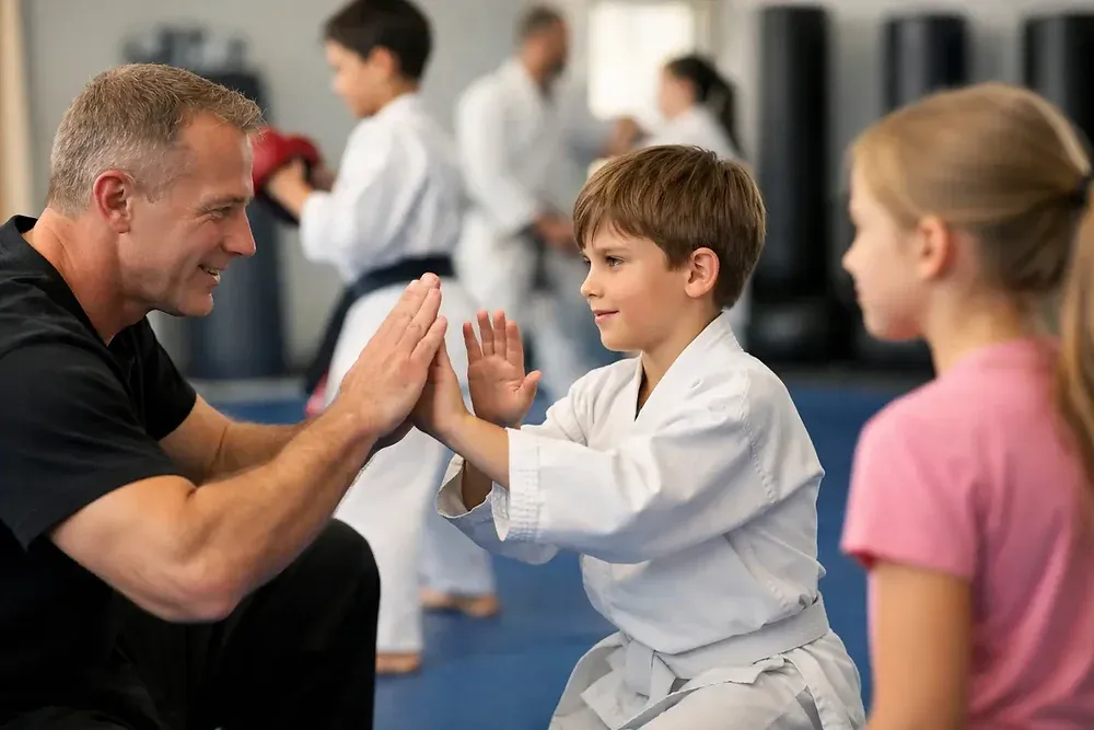 Children learning safe self-defense skills in a structured martial arts class