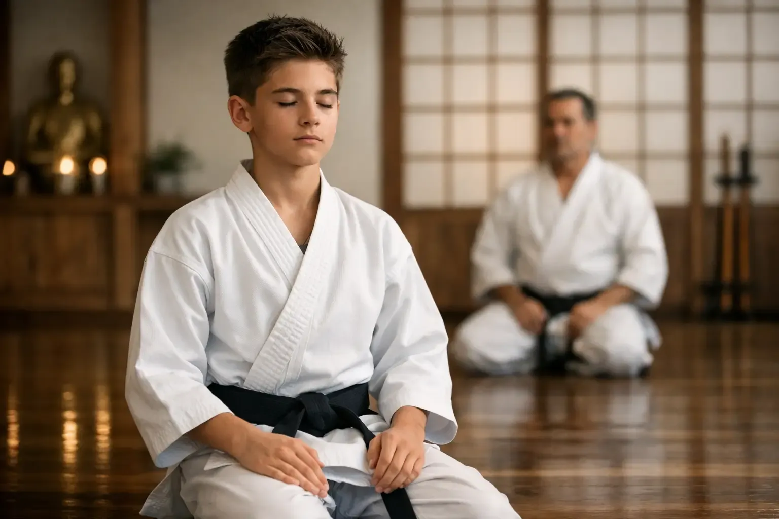 Student practicing focused martial arts training in a dojo