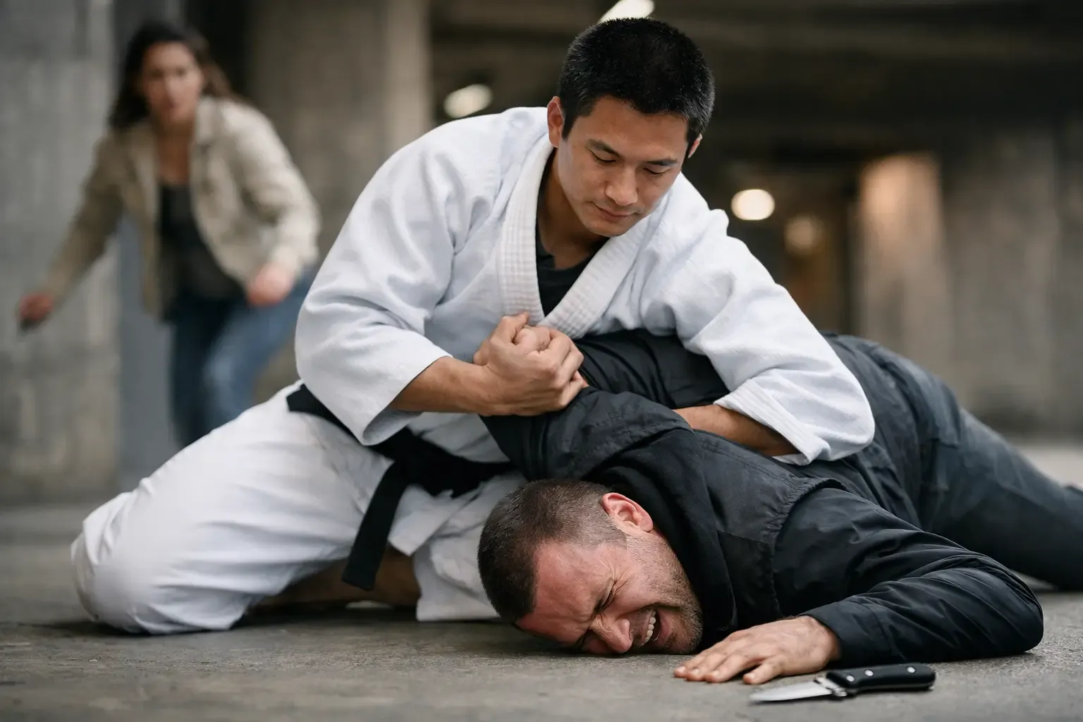 Martial arts student practicing Japanese Jiu-Jitsu self-defense technique