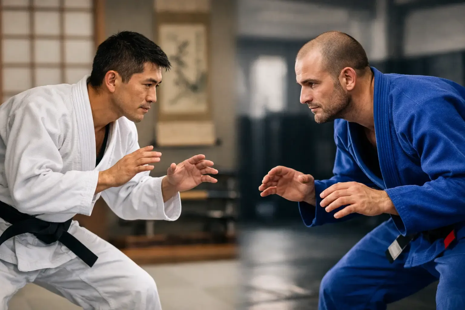 Students training Japanese Jiu-Jitsu in a focused dojo class