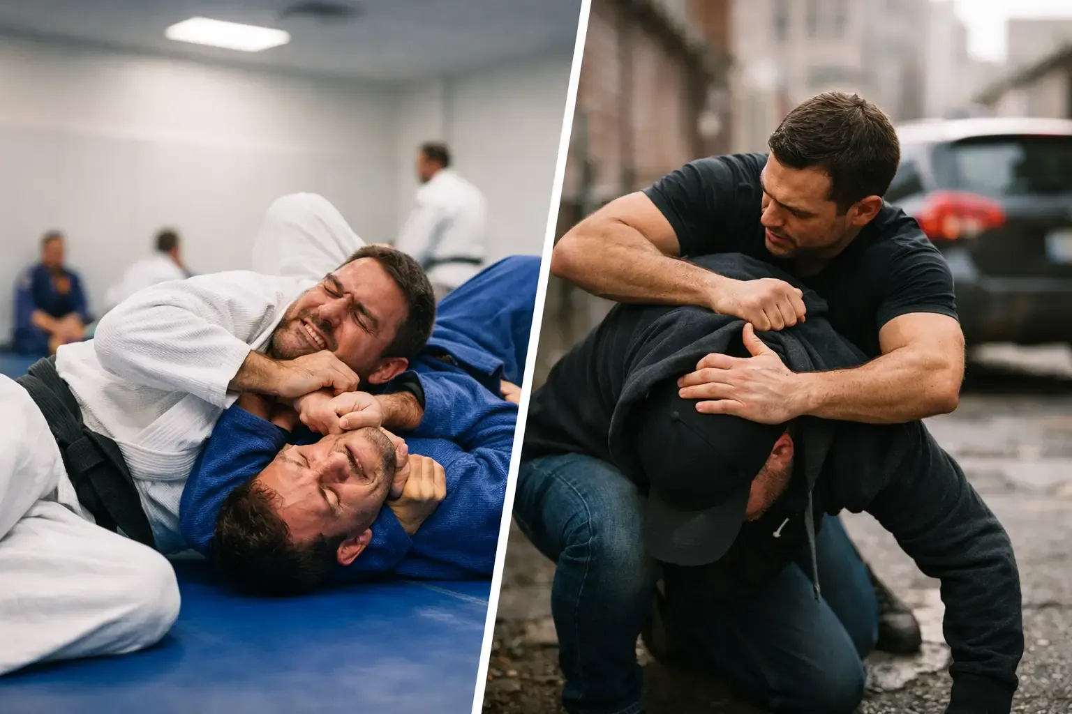 Students practicing practical Jiu-Jitsu for real-world defense