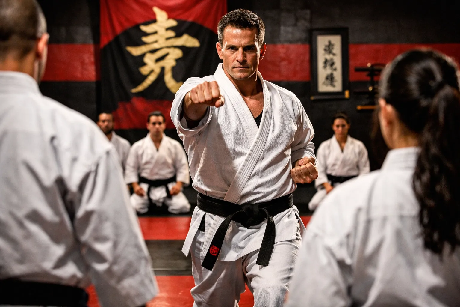 Vanguard instructor leading young martial arts students by example