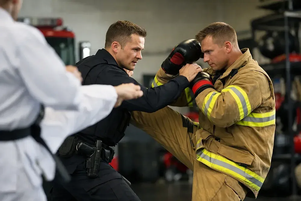First responder practicing martial arts skills for real working conditions