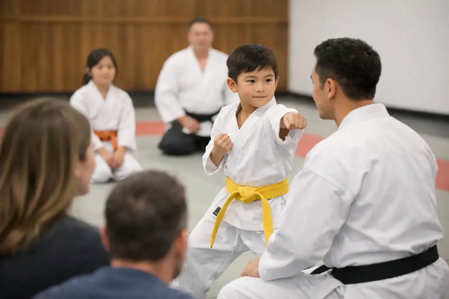 Parent and child learning together in a structured martial arts dojo