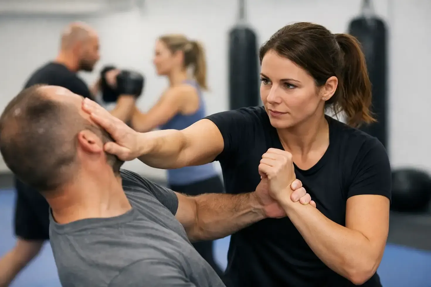 Adults practicing practical self-defense skills in a martial arts dojo