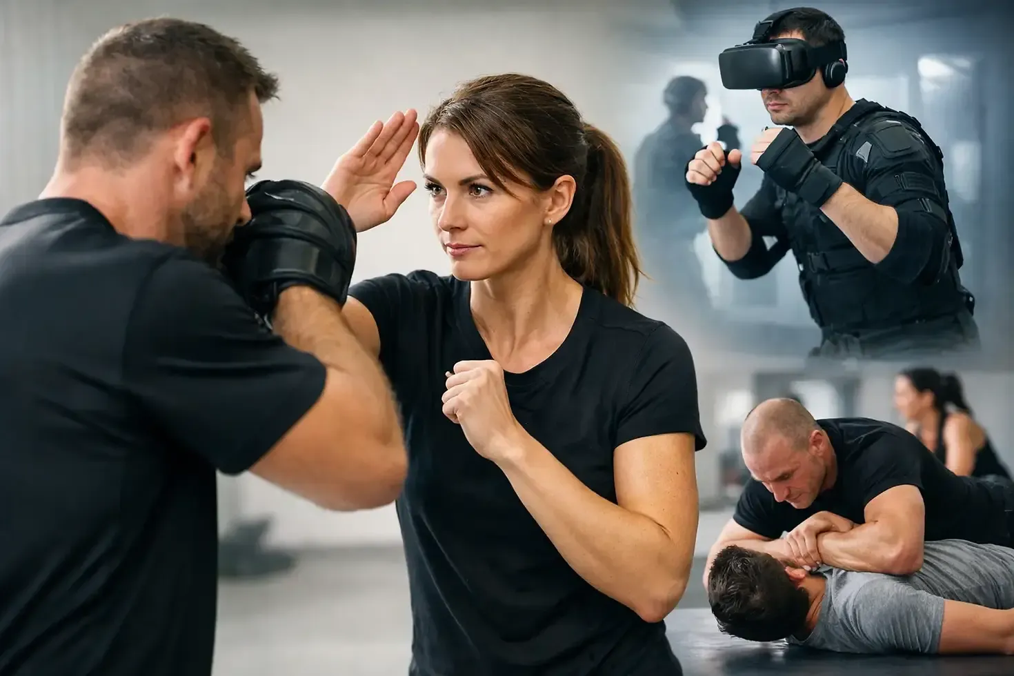 Martial arts students practicing realistic self-defense training