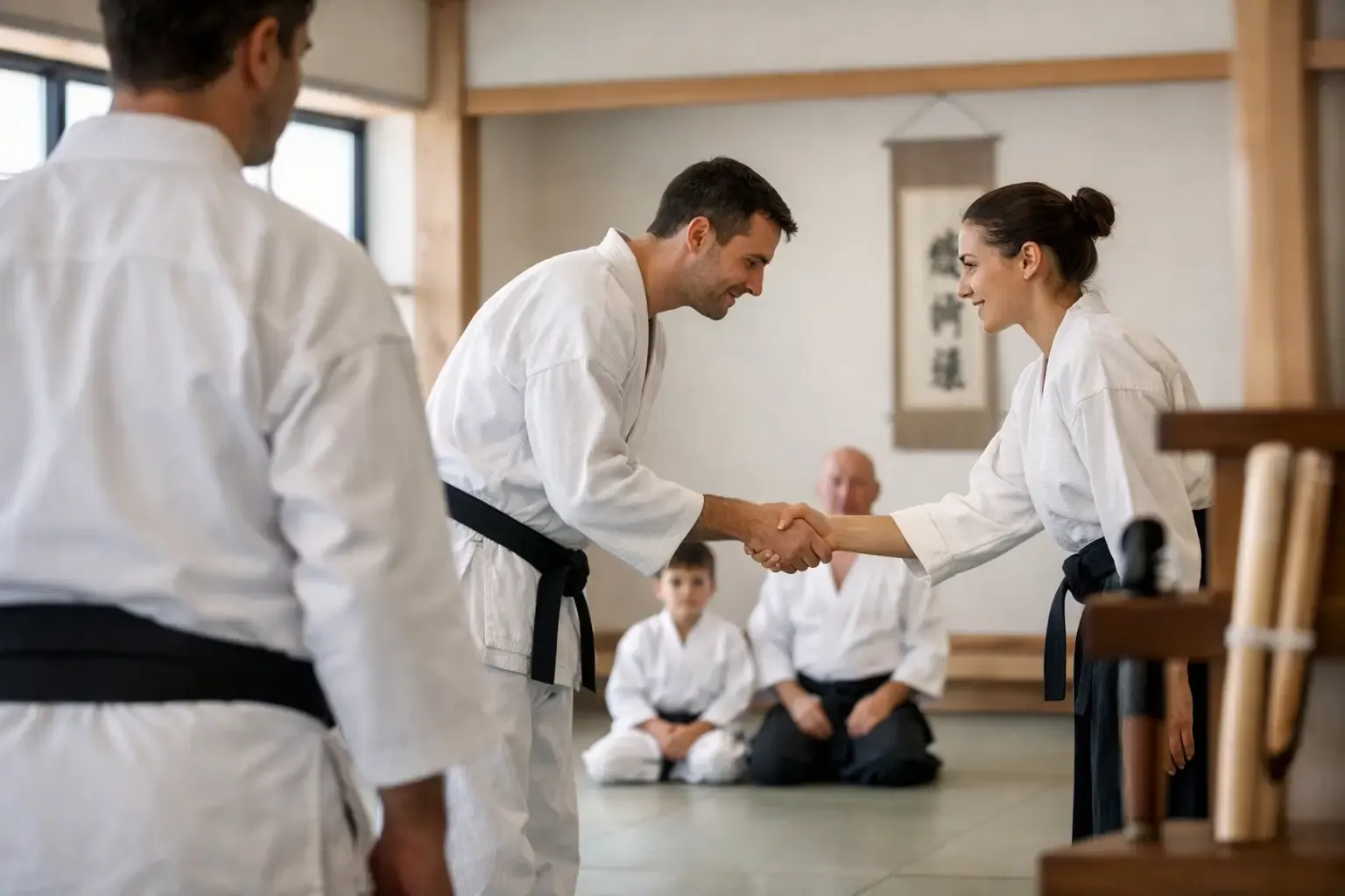 Martial arts students training in a focused dojo environment