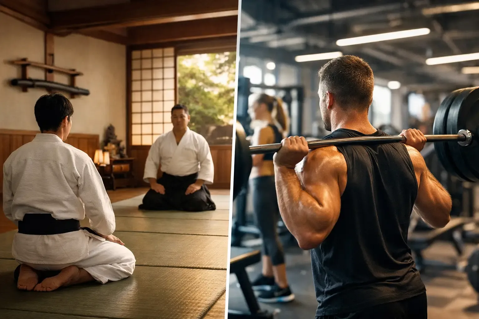 Students training in a traditional martial arts dojo