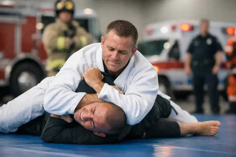 First responder practicing Jiu-Jitsu control skills in a training class