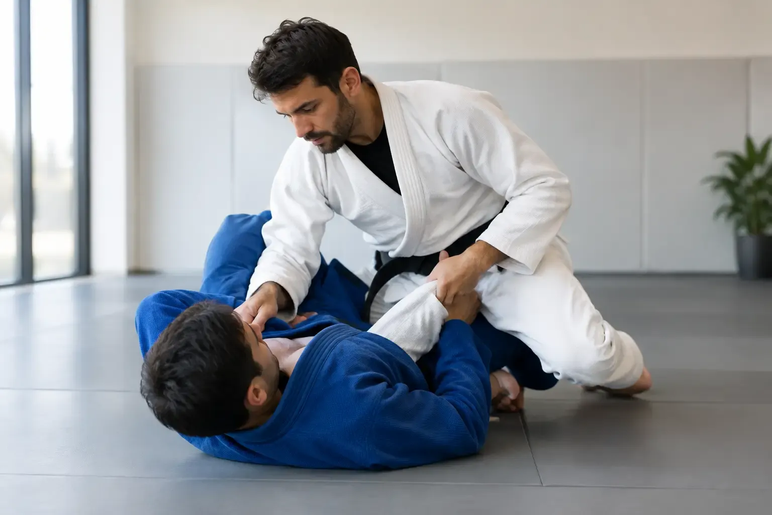 Adult students practicing a controlled Jiu-Jitsu ground technique in gis