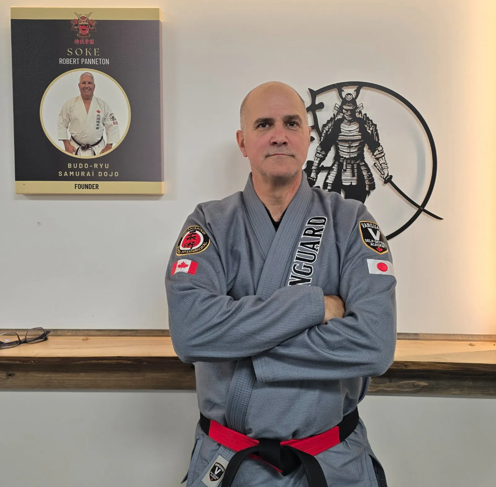 Renshi JP Perron in his grey Vanguard Jiu-Jitsu gi at the Chesterville dojo